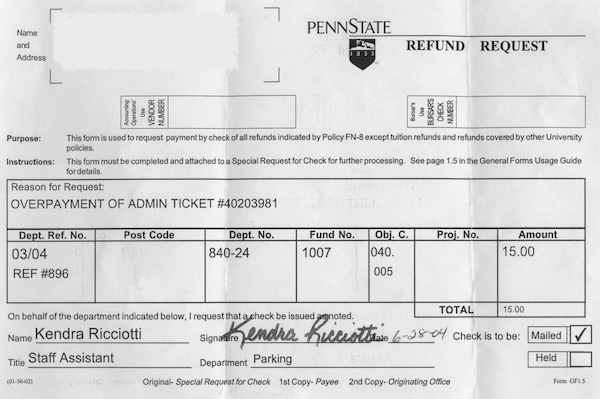 A Penn State parking ticket refund request from 2004